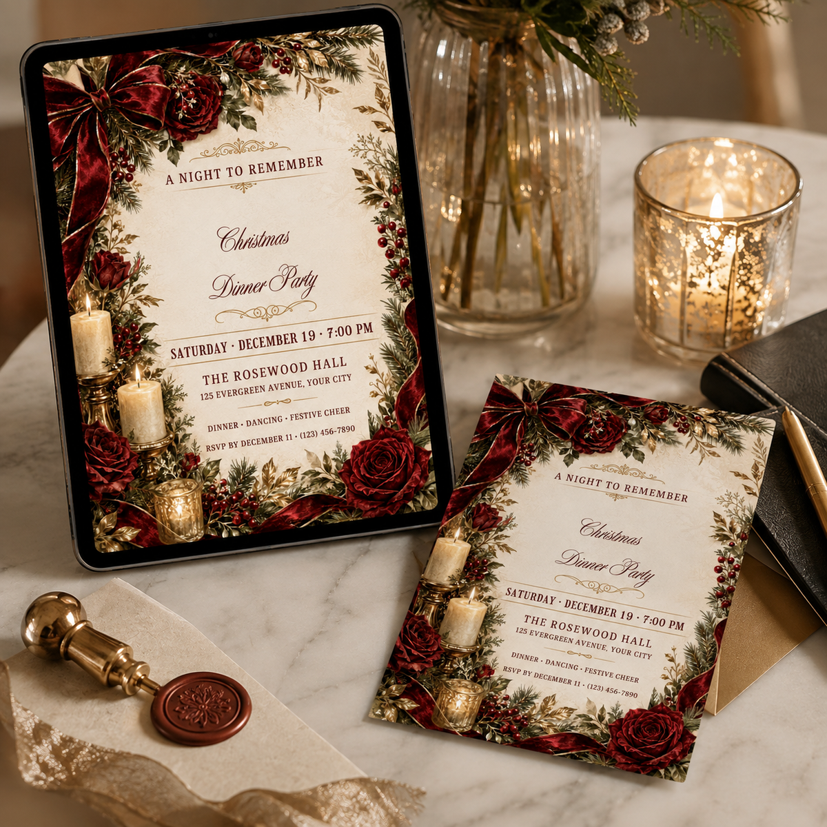 Burgundy Christmas dinner invitation as a printed card and on a tablet