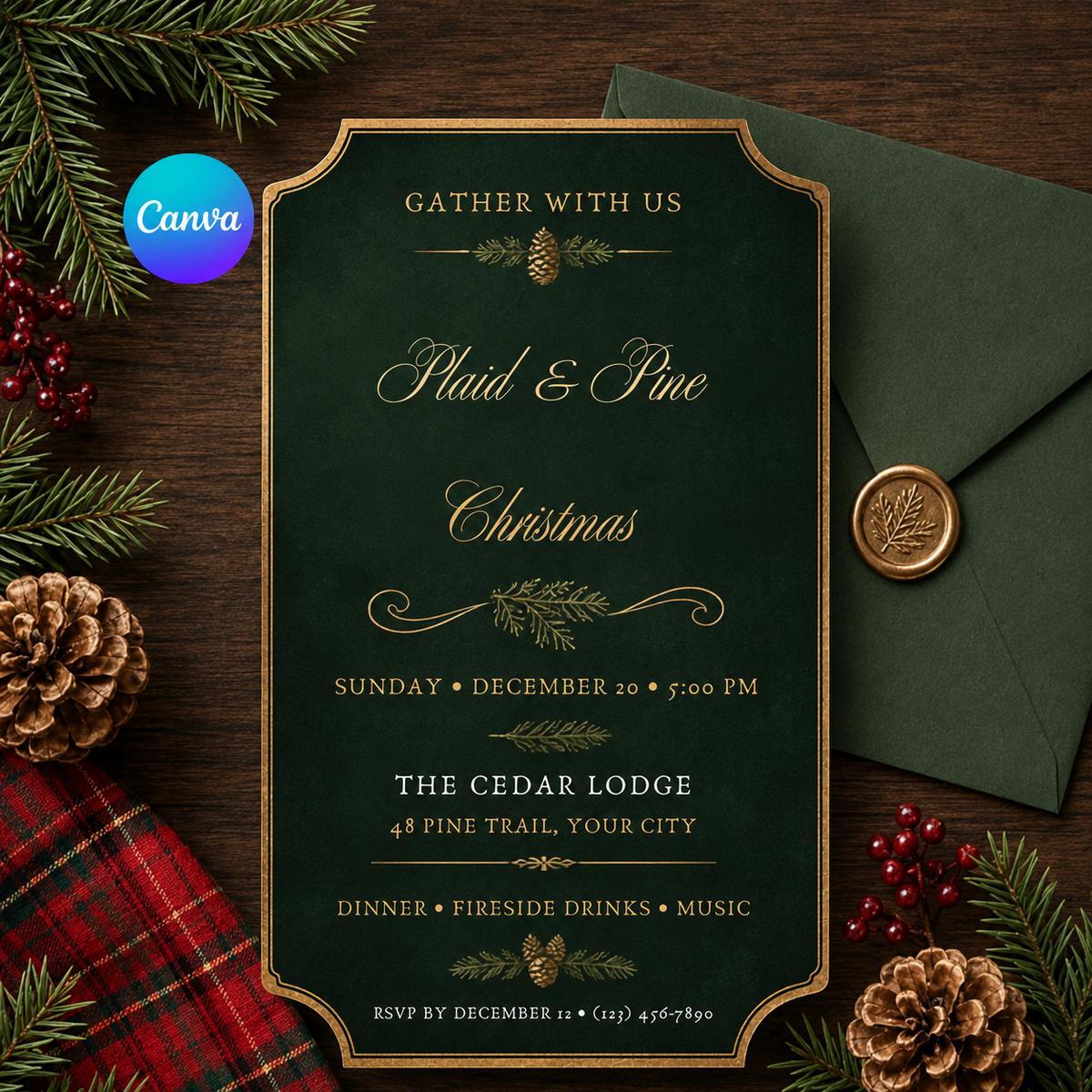 Plaid and Pine Christmas invitation with green envelope