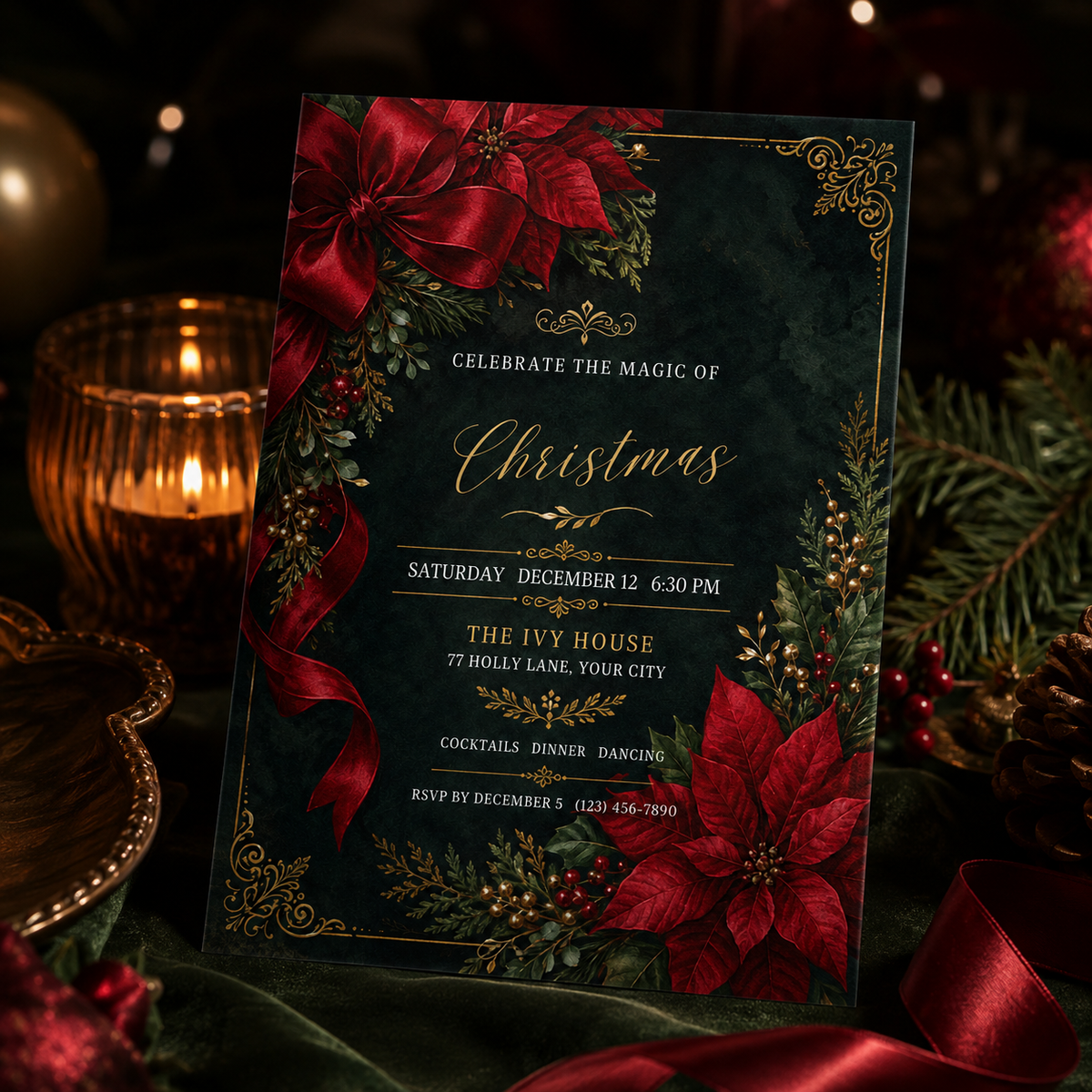 Poinsettia Christmas party invitation on a table with ornaments