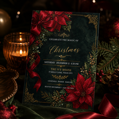 Poinsettia Christmas party invitation on a table with ornaments