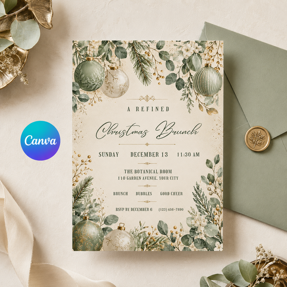 Sage Christmas brunch invitation with wax seal