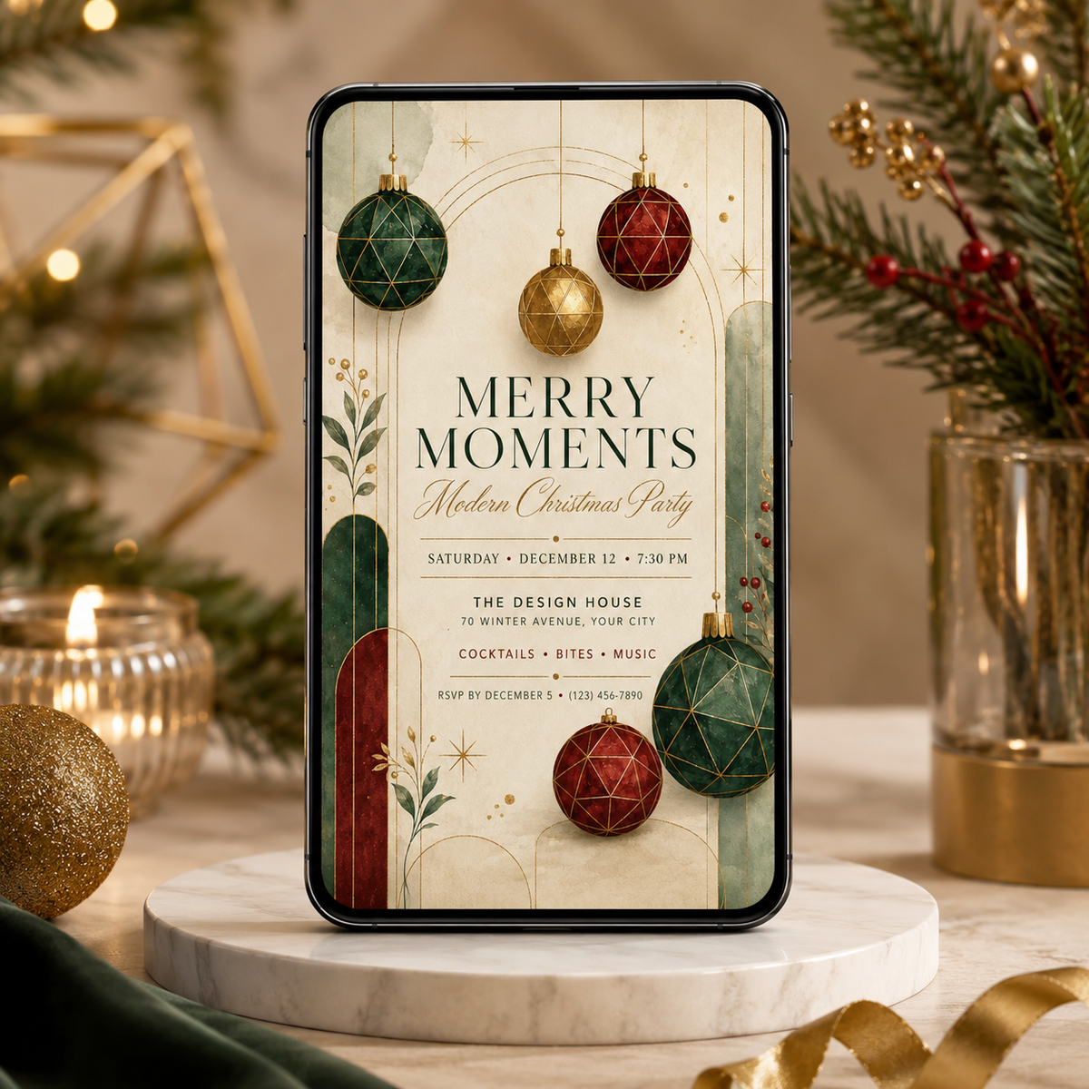 Merry Moments invitation on a phone on a stand