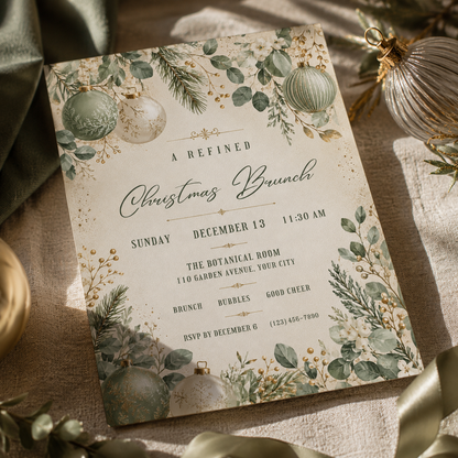 Sage green Christmas brunch invitation on a table with baubles