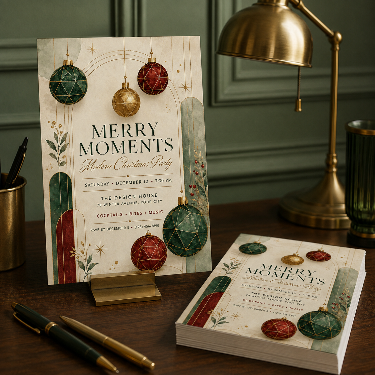 Merry Moments invitation standing beside a gift box and lamp
