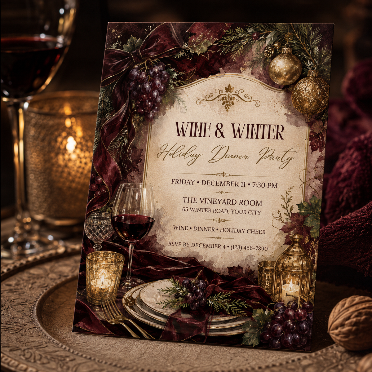 Wine and Winter invitation on a place setting with wine glasses