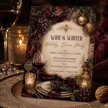 Wine and Winter invitation on a place setting with wine glasses