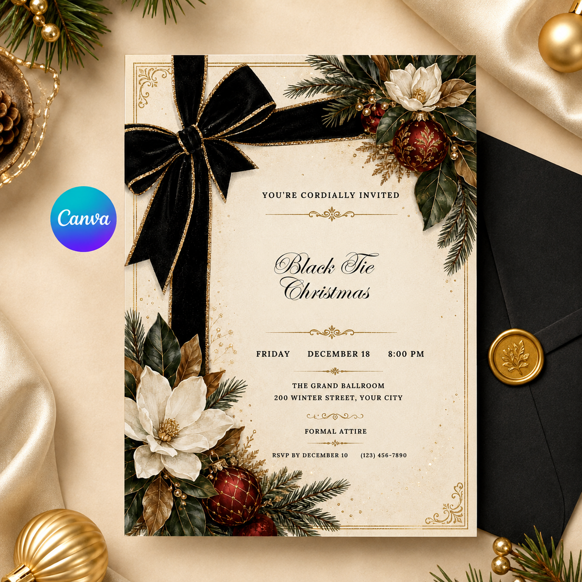 Black Tie Christmas invitation on cream satin