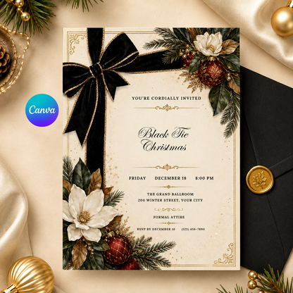 Black Tie Christmas invitation on cream satin