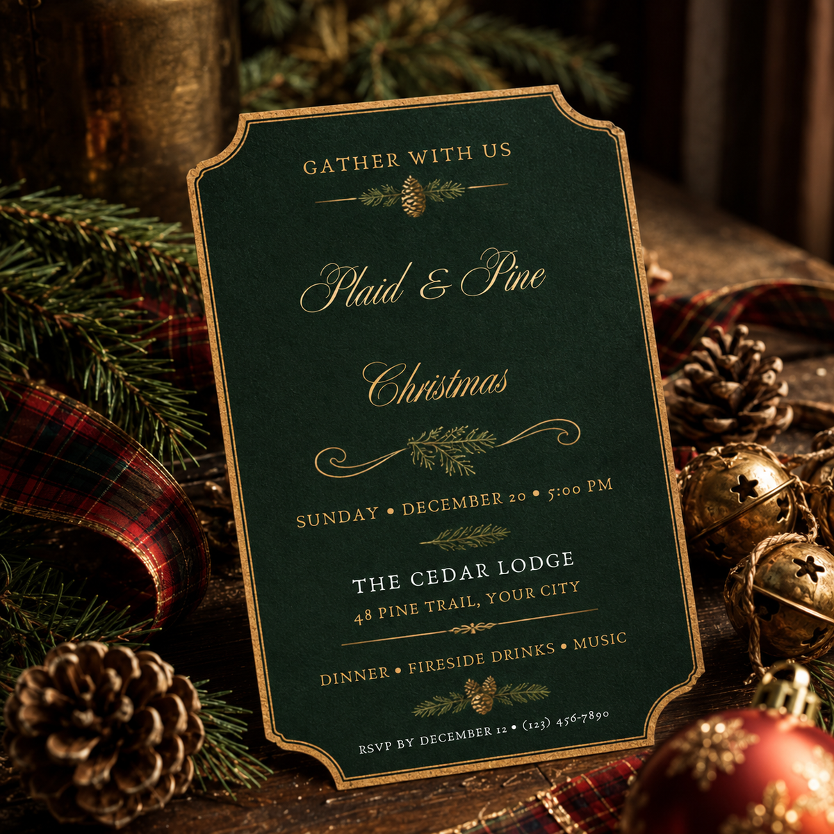 Emerald Christmas invitation on a table with pinecones and lights