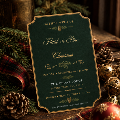 Emerald Christmas invitation on a table with pinecones and lights