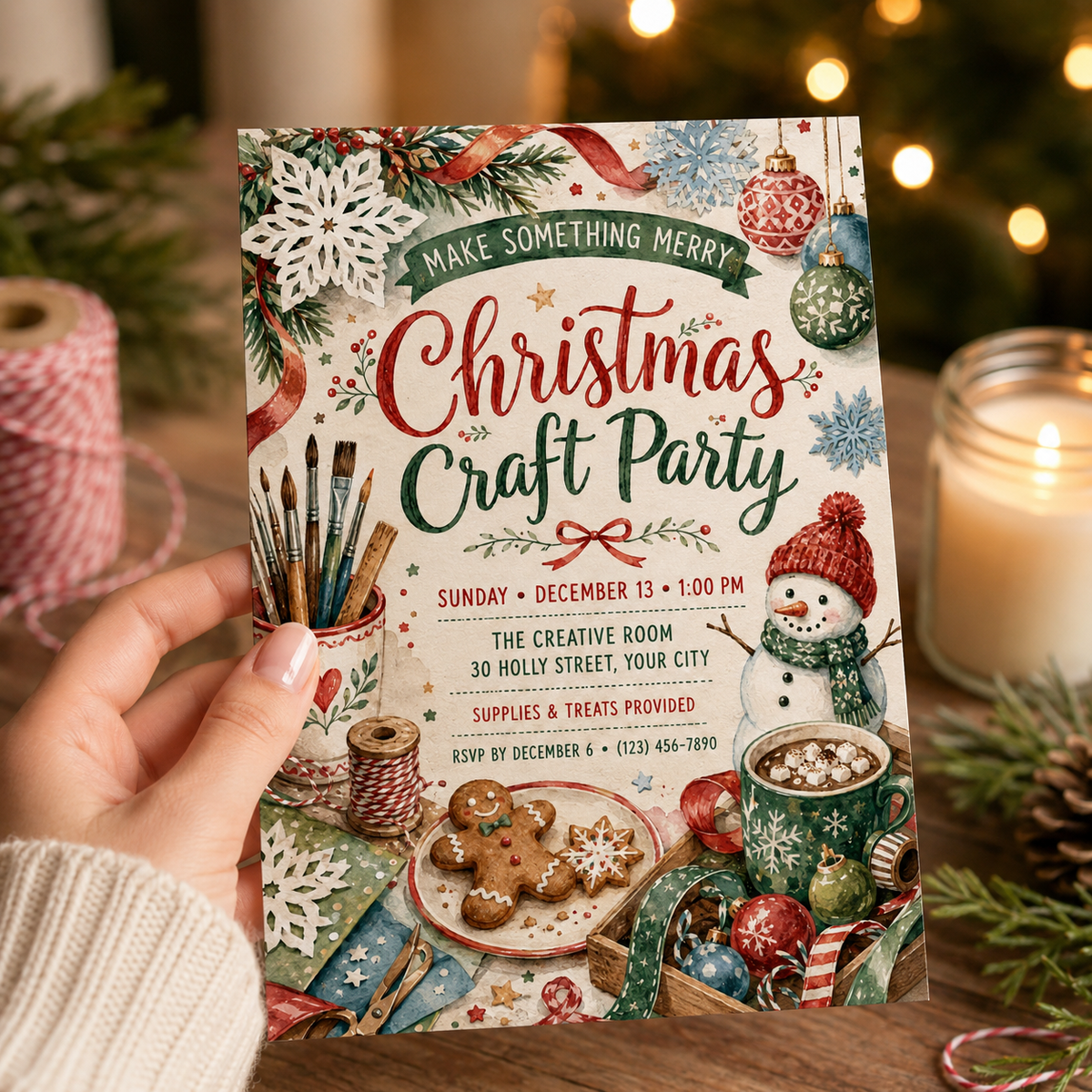 Hand holding a Christmas Craft Party invitation with paintbrushes and cookies