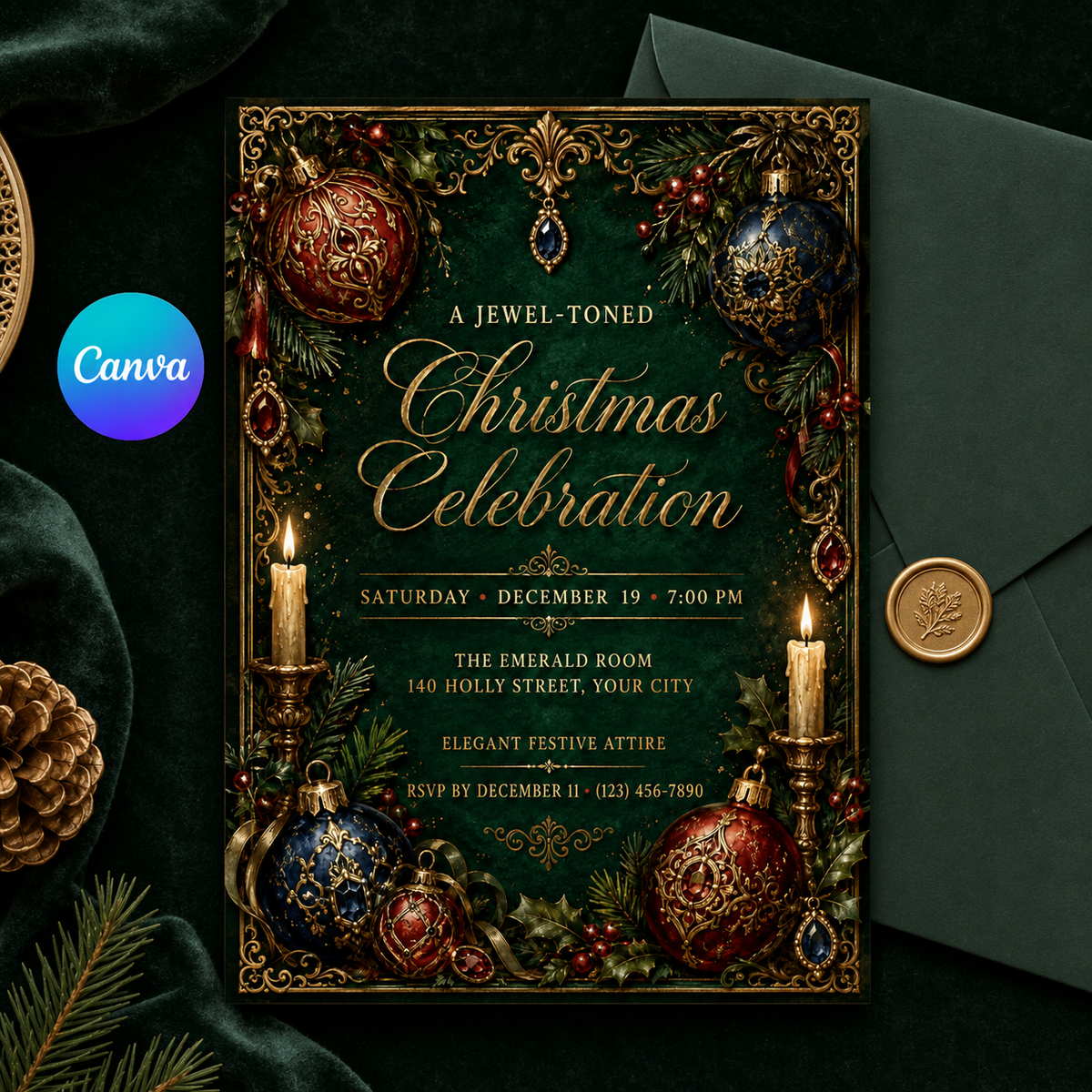 Jewel-toned Christmas invitation with wax seal
