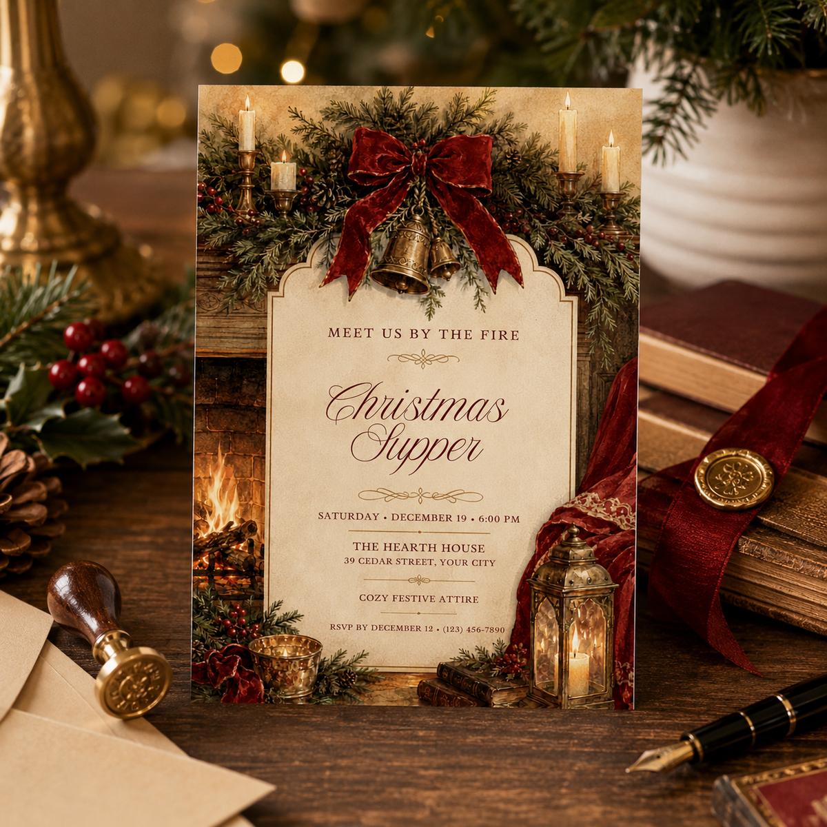 Christmas Supper invitation on a table beside a pen and wax seal