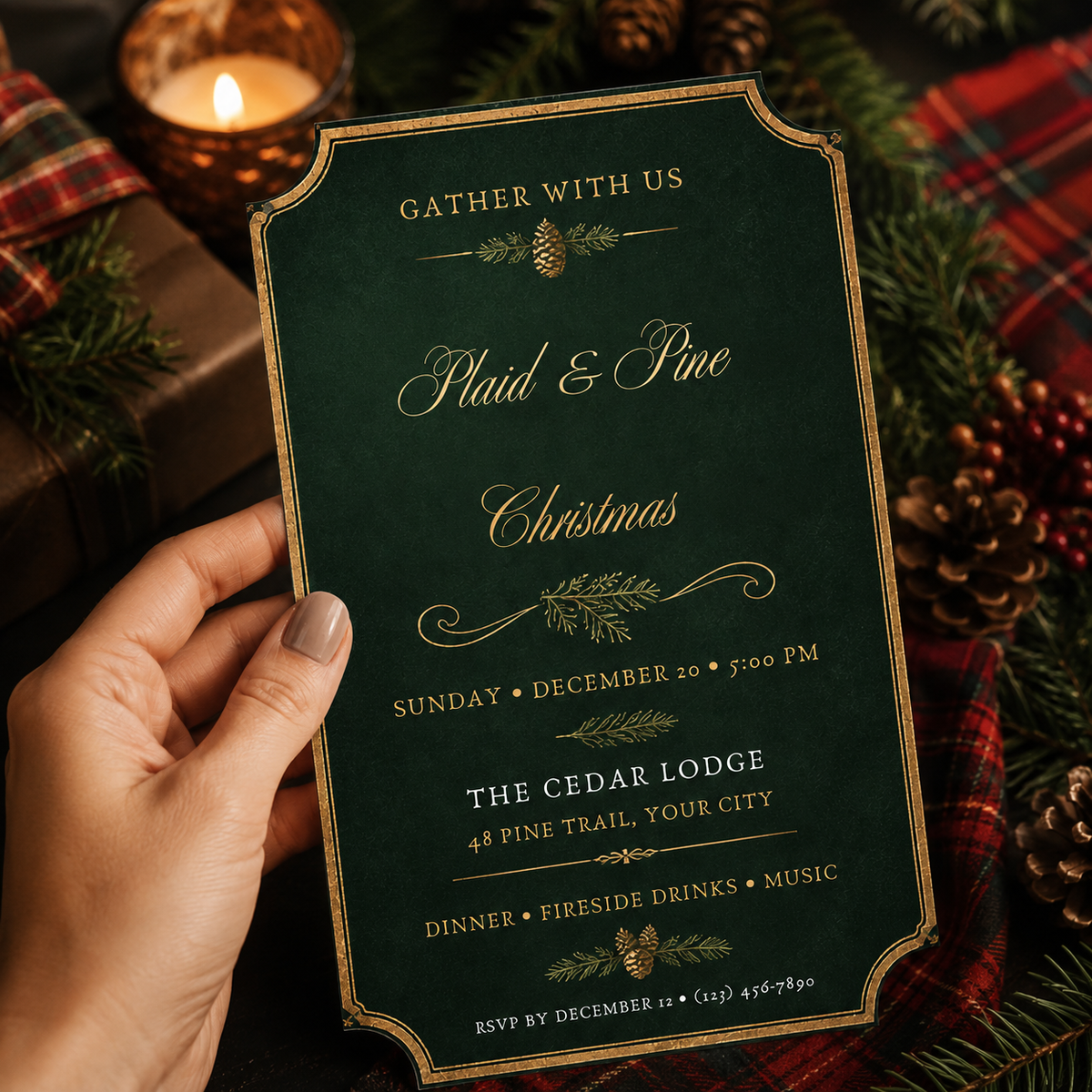 Hand holding an emerald Plaid and Pine Christmas party invitation