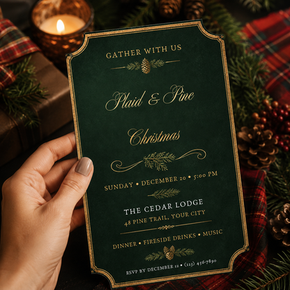 Hand holding an emerald Plaid and Pine Christmas party invitation