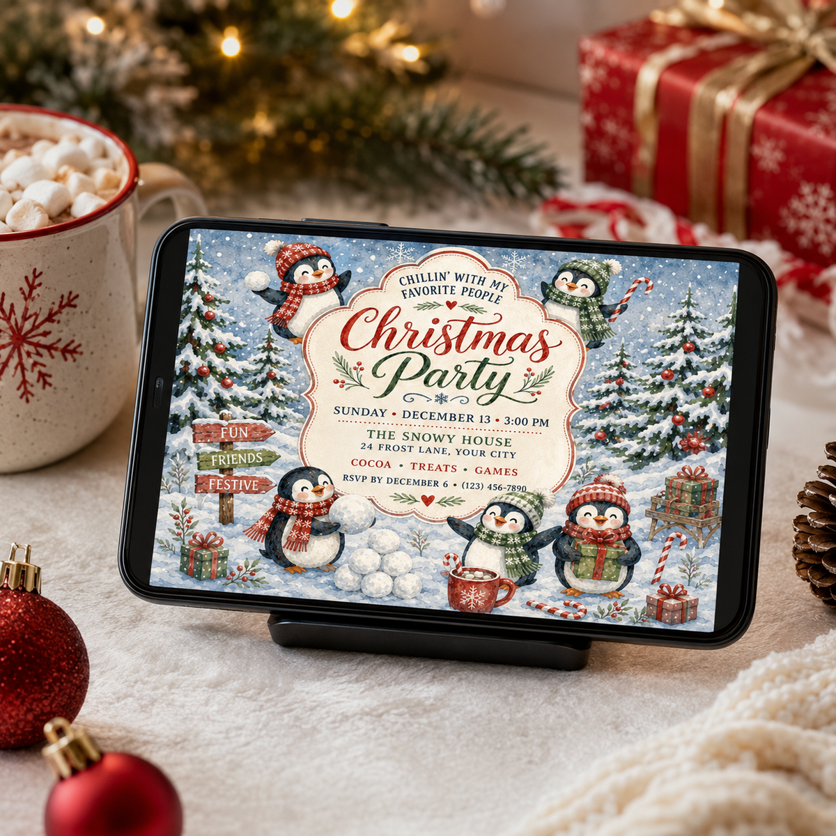Penguin Christmas party invitation on a tablet stand