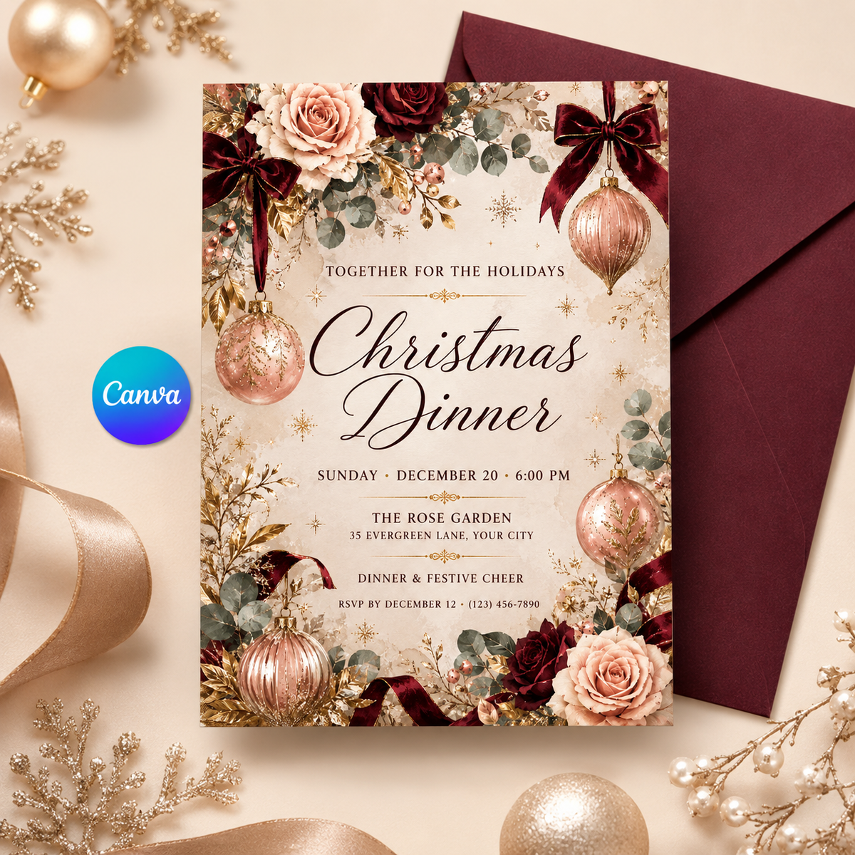 Blush Christmas dinner invitation with burgundy envelope