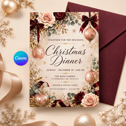 Blush Christmas dinner invitation with burgundy envelope